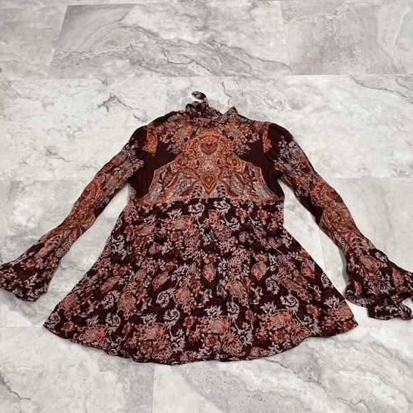 Free People Lady Luck Printed Tunic High Neck Bell Sleeve Tie Dress Sz XSmall XS - Picture 3 of 10